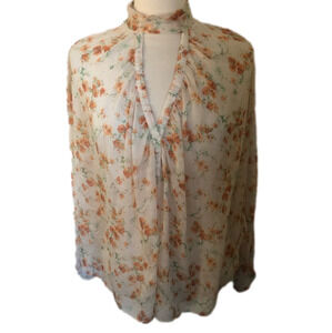 Zara Basic Collection Cream Shear Floral loose fit blouse w/high neck Size Small